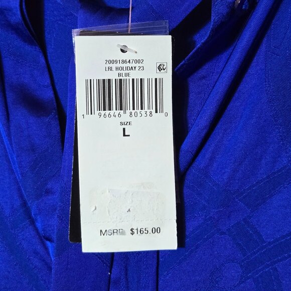 Ralph Lauren Satin Belting-Motif Jacquard Tie-Neck Shirt L Sapphire Star NWT - Picture 7 of 9